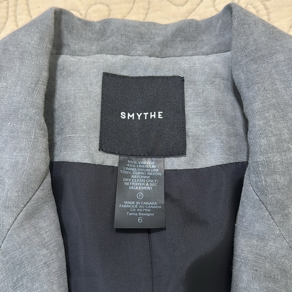 SMYTHE Slate Linen Blend One Button Closure Blazer - Picture 16 of 16